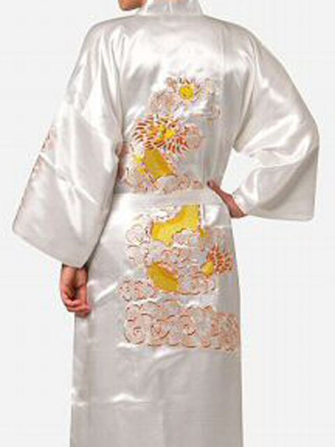 Navy Blue Chinese Men's Satin Silk Robe Embroidery Kimono Bath Gown Dragon Size S M L XL XXL XXXL: XXL / WHITE