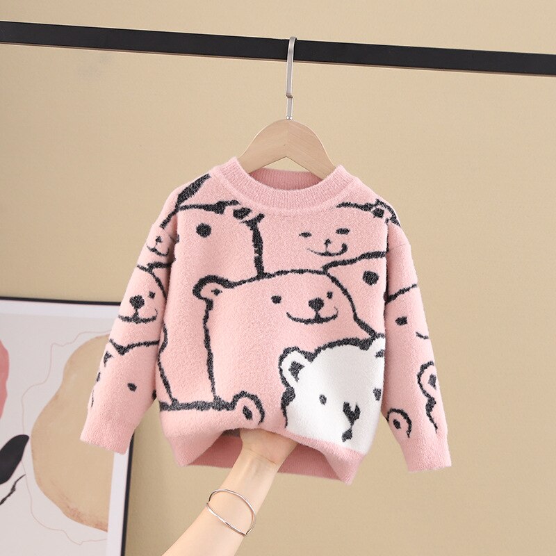 Xxx garçons filles bébé pull ours imprimer enfant en bas âge hauts pulls 1-6Y enfants vêtements d'extérieur tricotés automne hiver vêtements: pink / 2T