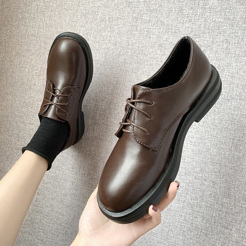 Zapatos Oxford para mujer, calzado de cuero negro liso con cordones, suela gruesa, informales, planos, talla grande, novedad, Otoño e Invierno: Brown / 8,5
