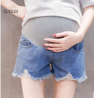 Sommer tynd denim barsel shorts elastisk talje mave korte jeans tøj til gravide kvinder graviditet bunde