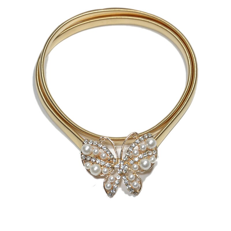 Womens Elastic Metal Waist Belts Women Silver Gold Chain Belts Female Heart Buckle Belts For Ladies Dresses: ButterflyPearl