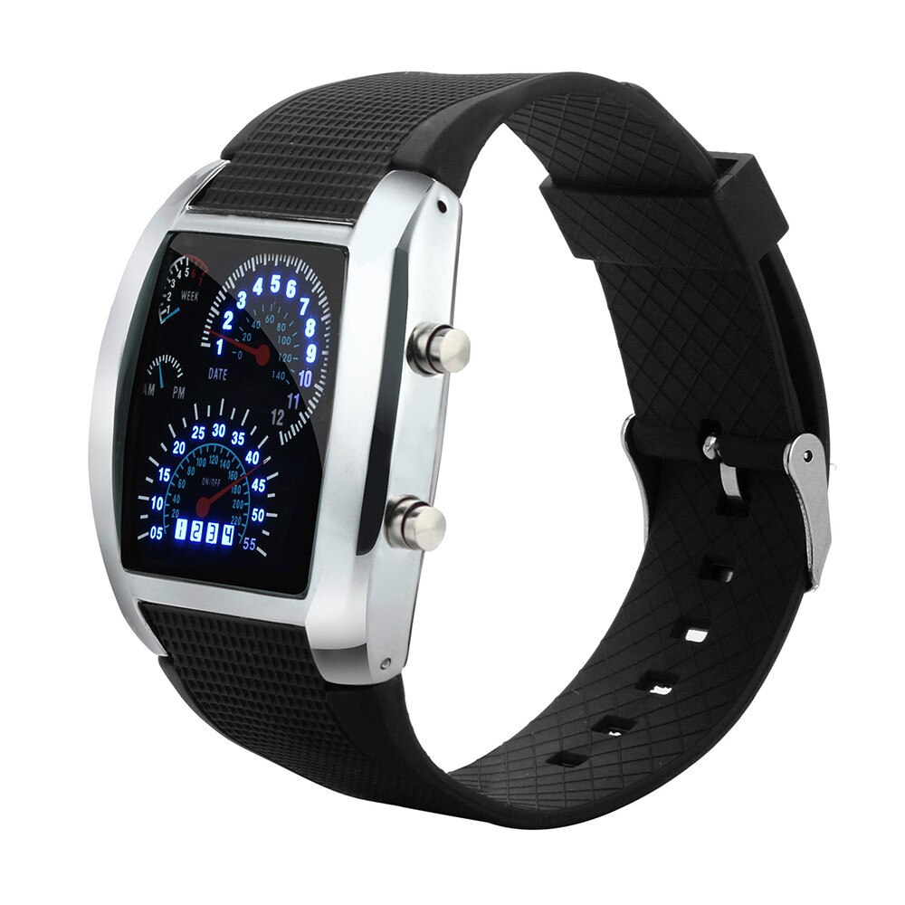 watch men LED Light Flash Turbo Speedometer Sports Car Dial Meter Watch Luxury watch chargeable Relogio Masculino: Black