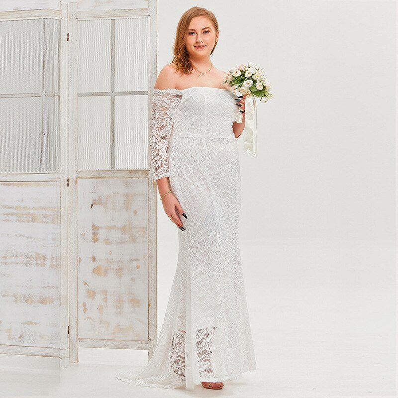 LAMYA White Simple Prom Dresses Plus Size A-line Lace Floor Length Evening Party Gown Groom Mother Long Sleeve Dress
