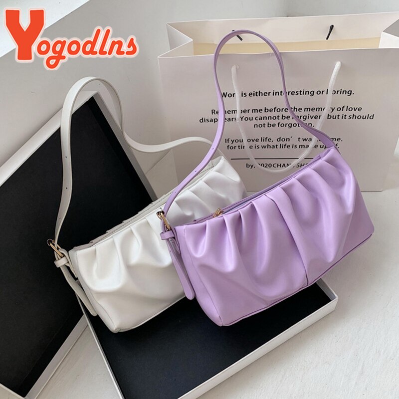 Yogodlns Summer Shoulder Bag Women Leisure PU Leather Baguette Bag Pleated Cloud Bag Female Small Handbag Phone Purse