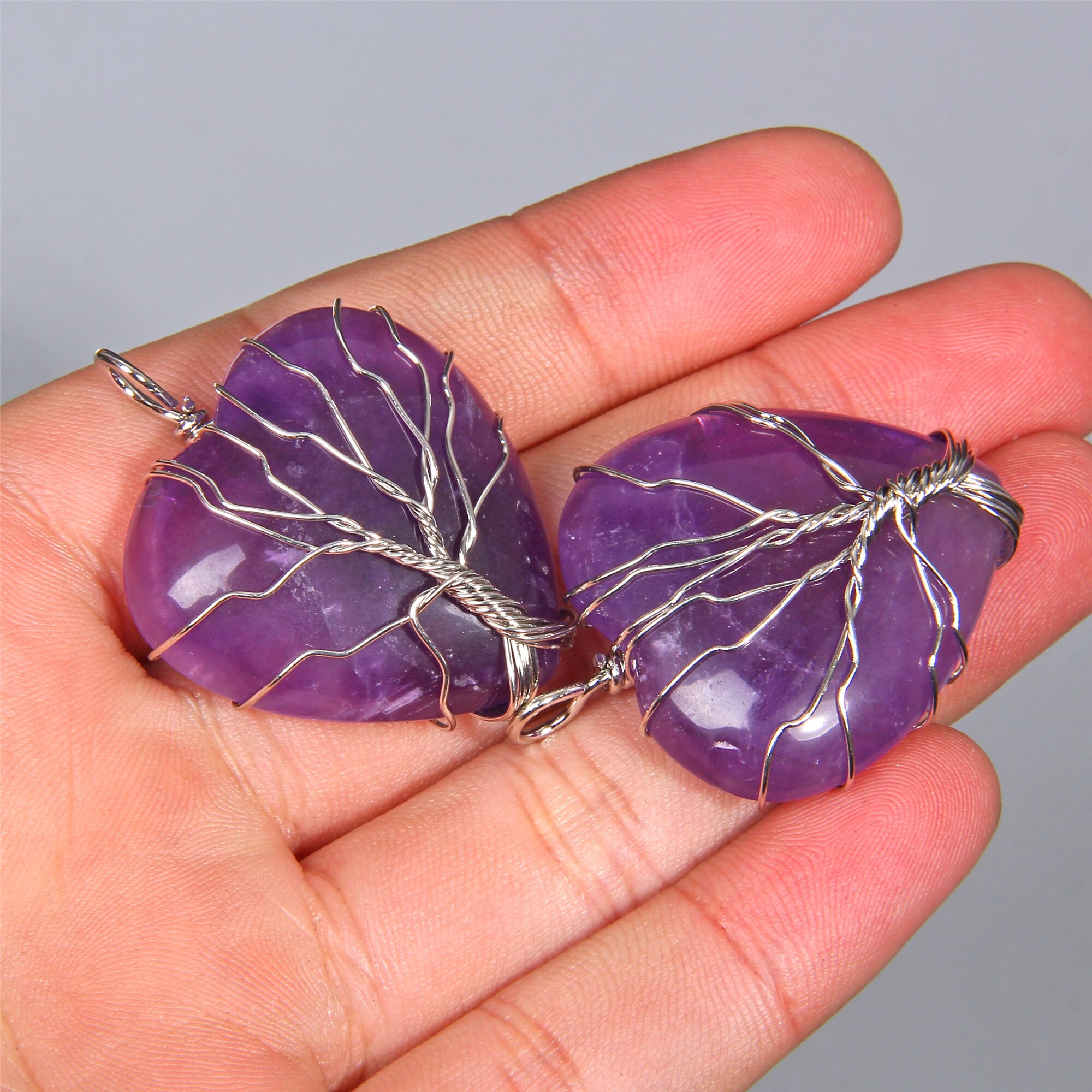 1pc verde Naturale aventurine giade gioiello di pietra del pendente per le donne degli uomini coppie di guarigione del cuore Filo Avvolto Albero della Vita pendente di fascino: 7.silver Amethyst