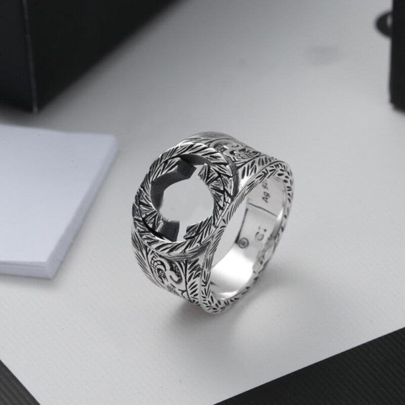 Glamour Original Logo Couple Rings,S925 Pure Silver 1:1 GC Retro Wide Pattern Carved G Ring Classic Laides Men Jewelry