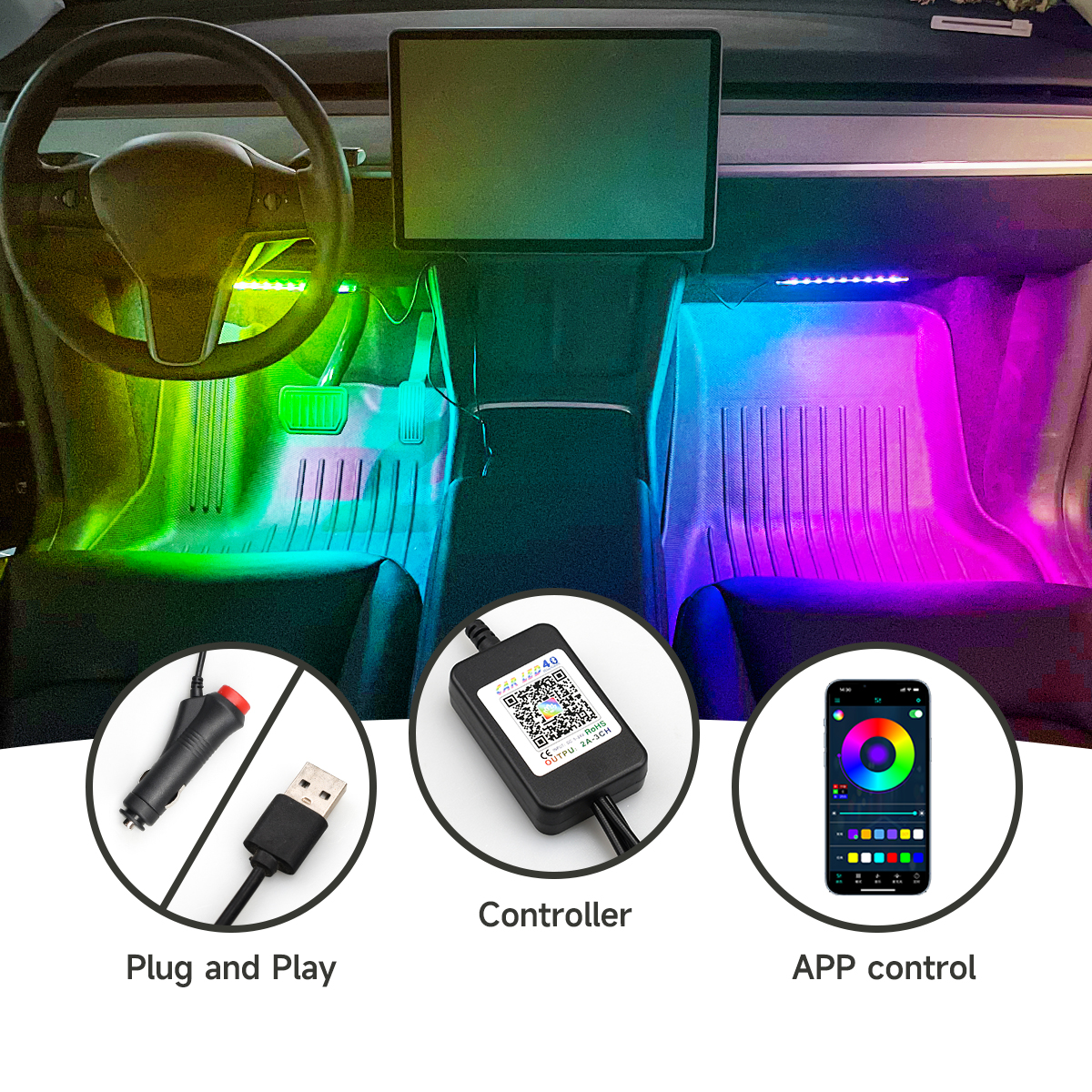 Luz LED Interior 4 en 1 de 5V-12V RGB, lámpara LED para coche, luz para pie, decoraciones para coche, control por aplicación, luz de ambiente de ritmo dinámico