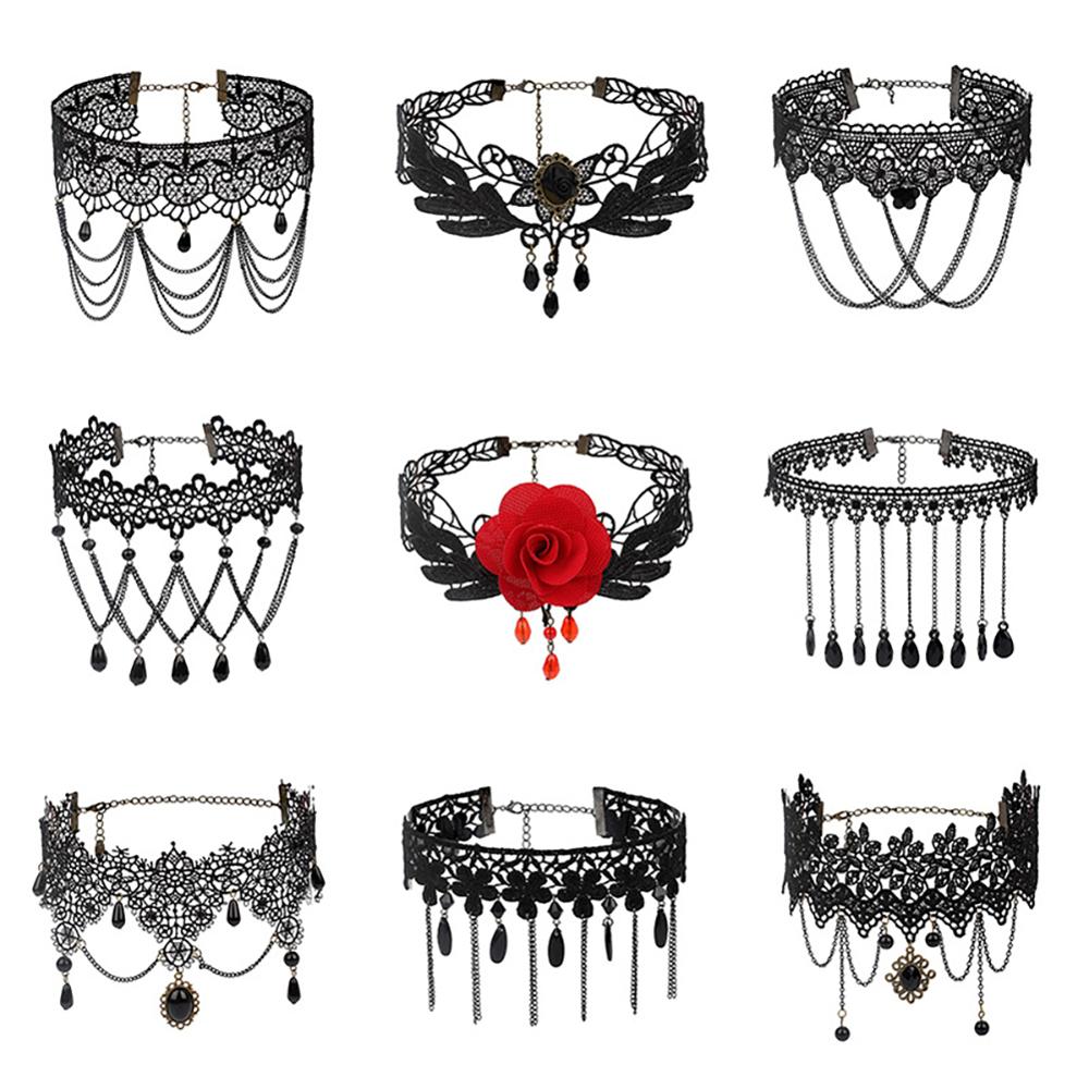 Gothic Lolita Black Lace Korte Keten Choker Sexy Kwasten Ketting Hollow Out Big Rose Flower Punk Handgemaakte Bruiloft Sieraden