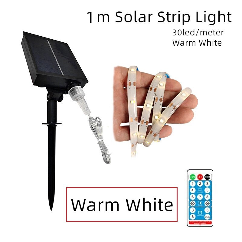 Gylbab-tiras de luces LED solares, 8 modos, Control remoto, 3 m6m12m 90, exterior, impermeable, noche, para garaje, césped y jardín: 1m warm white