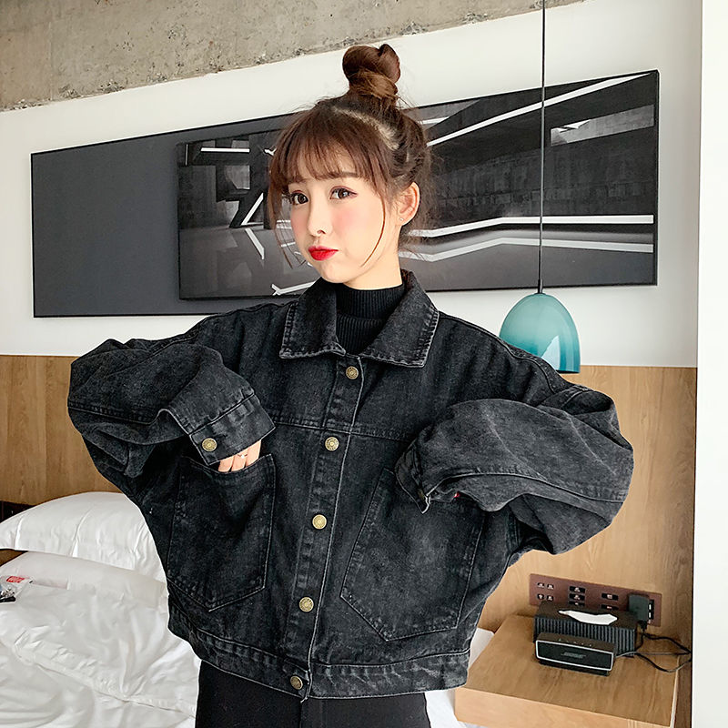 Black Denim Short Jackets Women Loose Single Breasted Button Pockets Korean Style Chic Retro Harajuku Casual Streetwear Womens