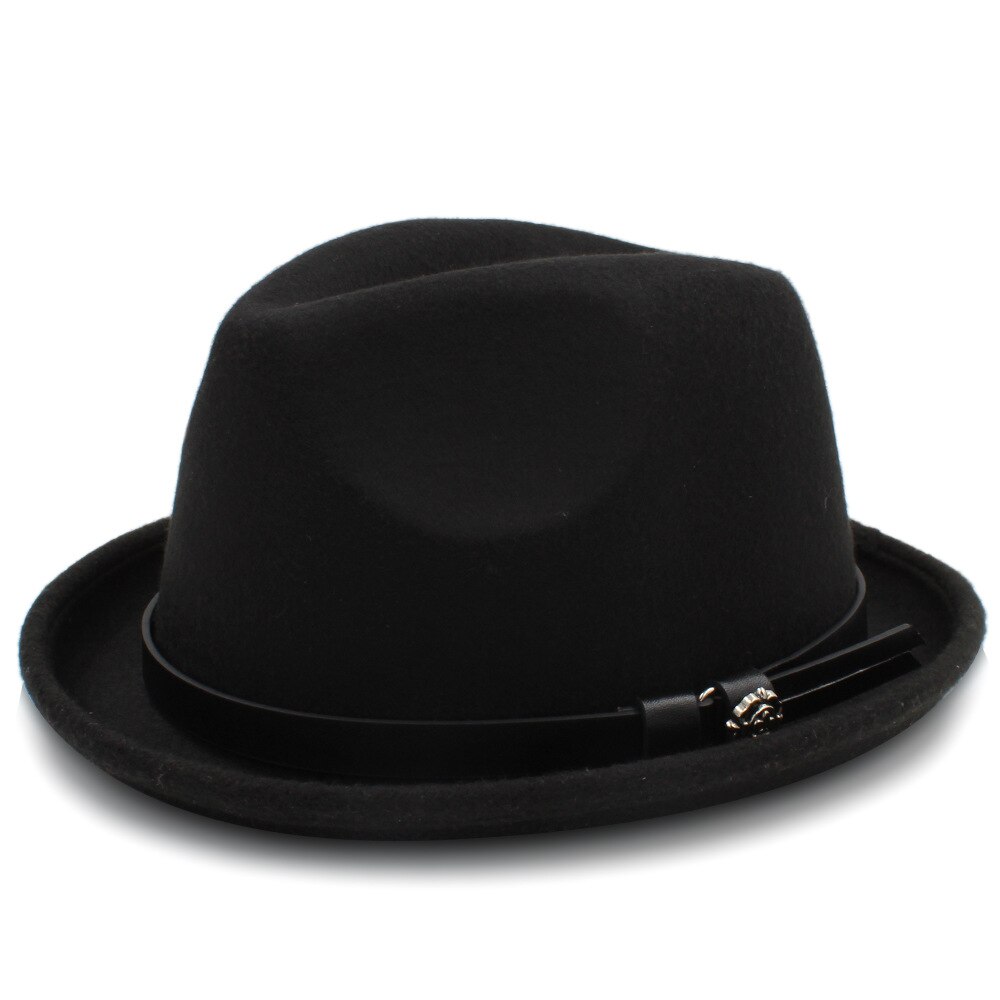 Mænds filt fedora hat til herre vinter efterår kirke roll up brim homburg far jazz hat med bælte: Balck