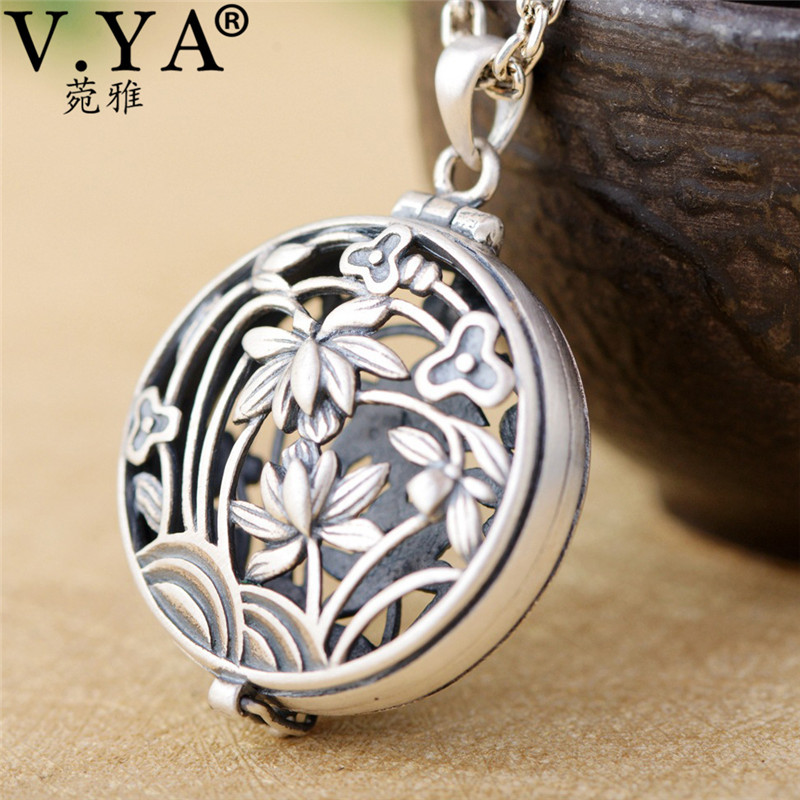 V.YA Real 925 Sterling Silver Locket Box Pendant for Women Female Hollow Flower Shape Pendants Jewelry without Chain