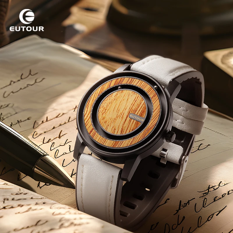 EUTOUR-Reloj unisex con cuentas magnéticas, reloj con elementos de de madera, correa de cuero PU, de manecillas únicas, reloj informal de negocios