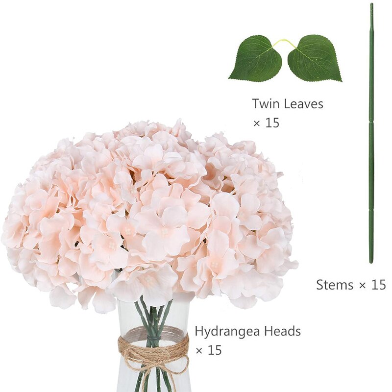 Silk Hydrangea Flowers Artificial Flowers Heads with Twin Leaves and Stems for Home Wedding Party Decorations: Pink