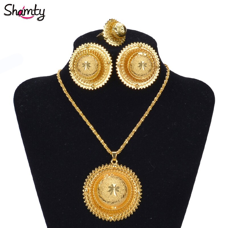 Shamty Ethiopian Bridal Jewelry Sets African Nigeria Sudan Eritrea Kenya Pure Gold Color Habasha Style Wedding Sets D30019