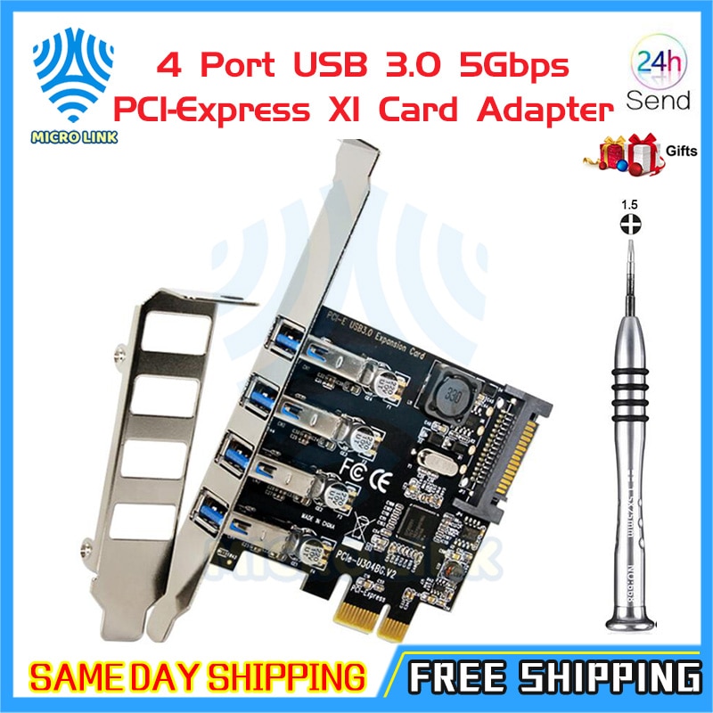 Adaptateur de carte PCI Express X1 mlc 4 ports USB 3.0, 5Gbps, Support HUB à profil bas