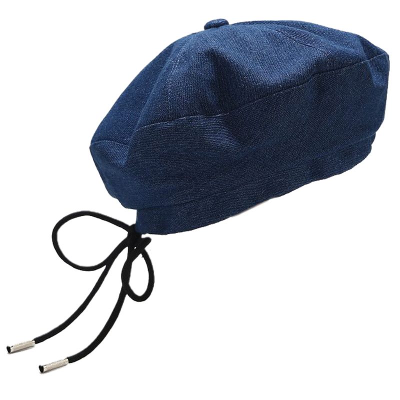 Women Denim Cotton Beret Cap Ribbon Lace-Up Bowknot Newsboy Painter Beanie Hat