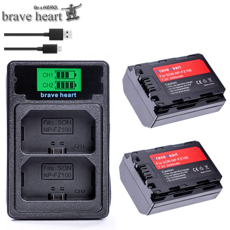 Camera Battery NP-FZ100 - 7.2V 2400mAh - Rechargeable Lithium-Ion - for Sony a9, a7R III, a7 III: Charger and 2 batteries