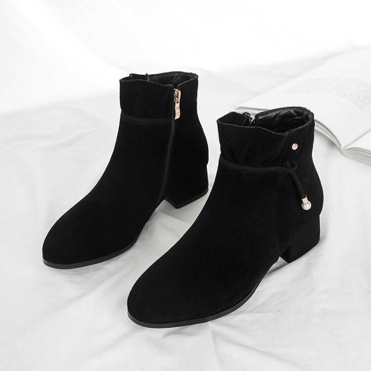 Bottines surdimensionnées en dentelle avec fermeture éclair latérale pour femme, chaussures d'hiver avec pendentif en perle, 11 à 12: Black / 11