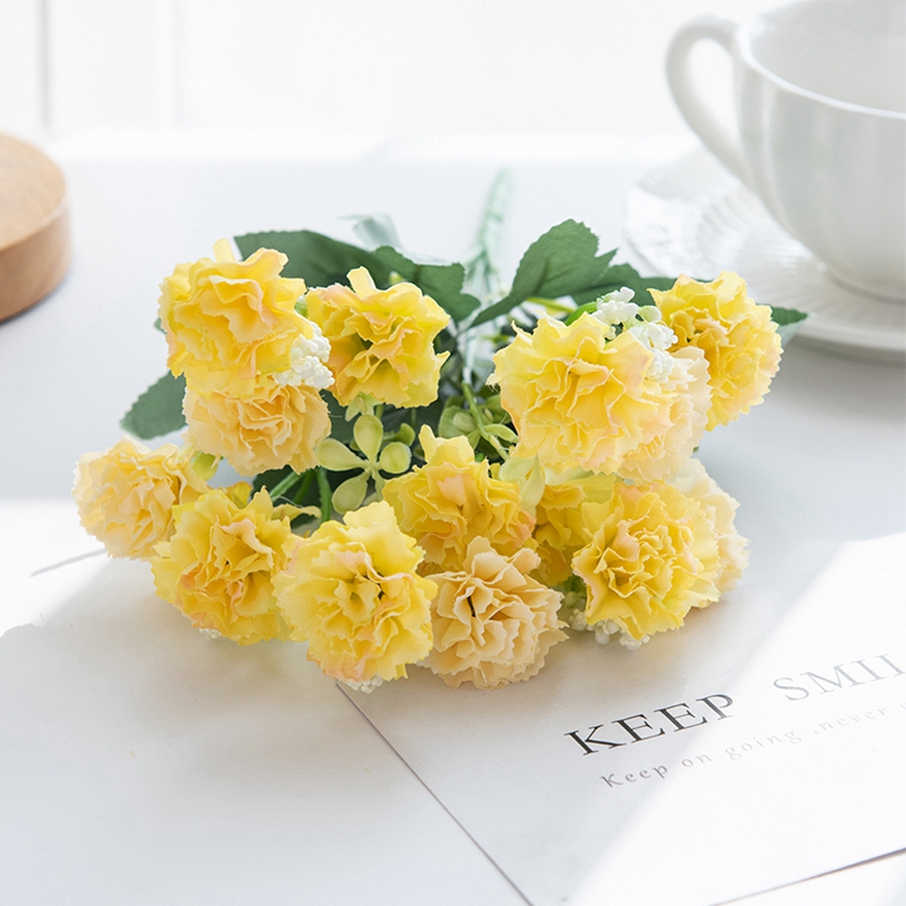 15 cabezas, flores artificiales, Clavel pequeño para Navidad, corona de costura para el hogar, artesanía, decoración de arco de boda, flor artificial: YELLOW