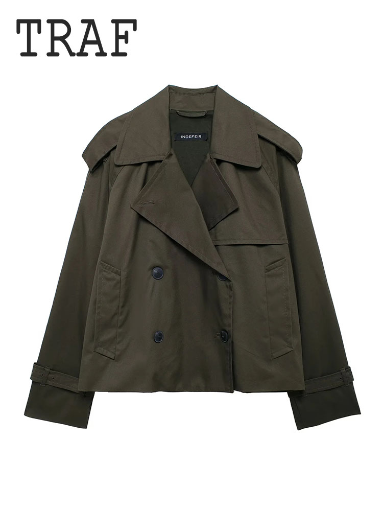 Traf Casual Stijl Korte Jas Top Voor Vrouw Dubbele Rij Knopen Damesjack Met Lange Mouwen Twee Kleuren Dagelijkse Bovenkleding: S / Beige