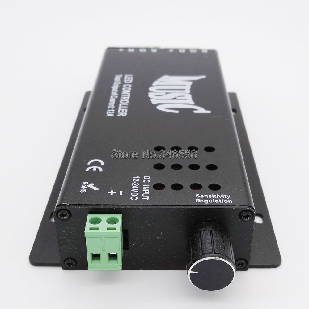 12V - 24V 12A Sound Activated Music Controller Black Color with 24key IR Remote Control 144W 2 Ports Output for RGB LED Strip