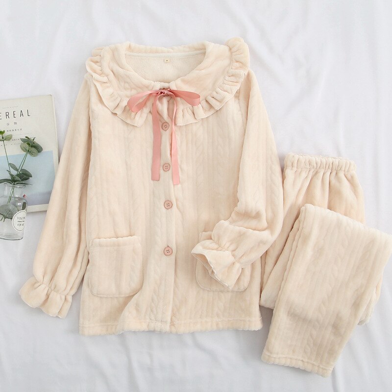 Womens Pajamas Maternity Sleep Pregnancy Clothes Autumn Winter Flannel Pregnant Pijama Breastfeeding Sleepwear: Beige / L