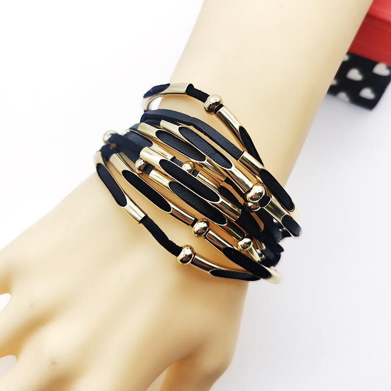 multicouches en cuir noir Bracelets pour femme Vintage charme Pulseira Feminina Mujer Punk Bracelet