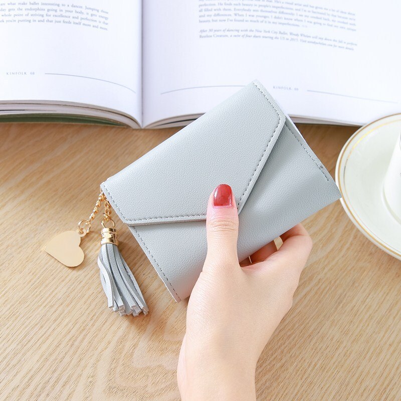 Cartera a la para mujer, bonita Cartera de piel sintética con colgante de borla para estudiante, monedero para mujer, tarjetero para mujer