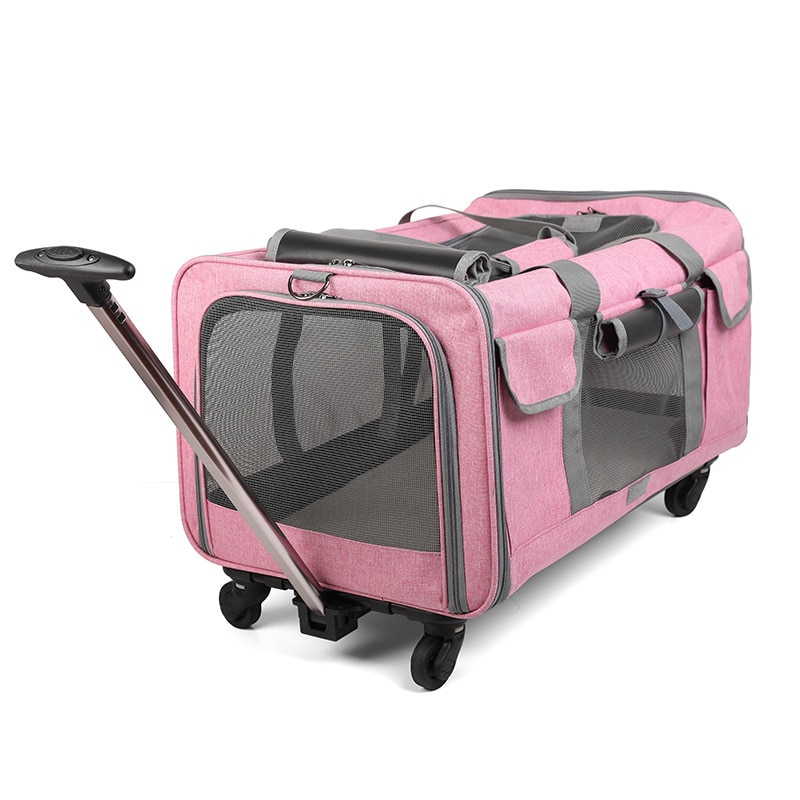 Valise à roulettes universelles détachables pour animaux de compagnie, grande capacité, respirante, pliable, pour chiens et chats: Pink