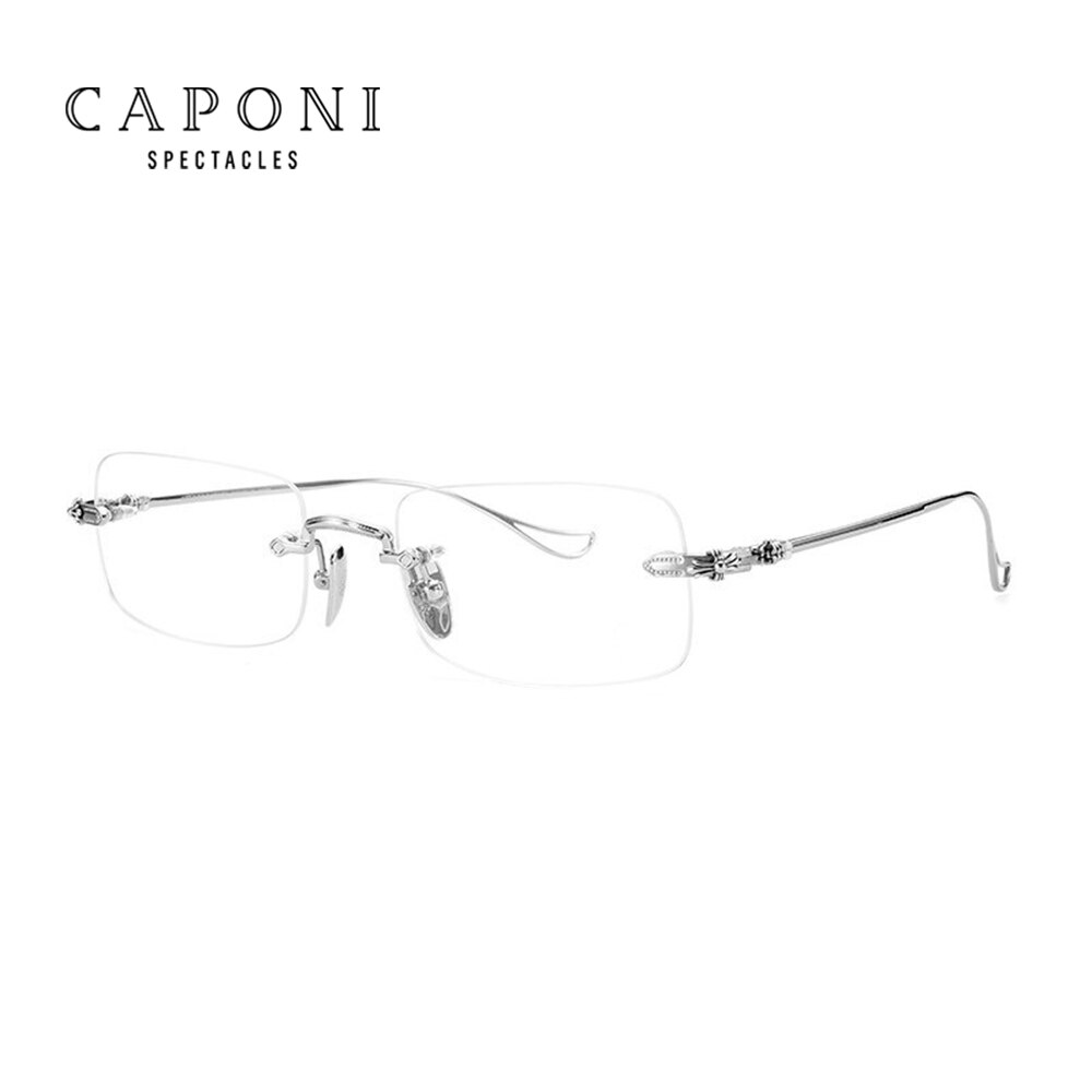 CAPONI Rimless Men Glasses Frame Titanium Business Reading Eyeglasses Support Prescription Computer Optical Clear Glasses J8099: Silver frame