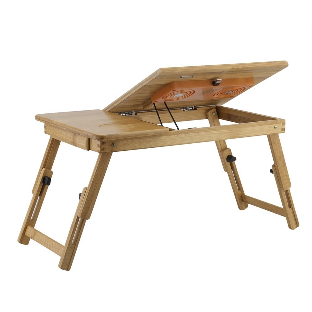 Bamboo Laptop Table With Fan Portable Folding Laptop Stand Desk Bed Table For Computer Notebook Free Phone stand
