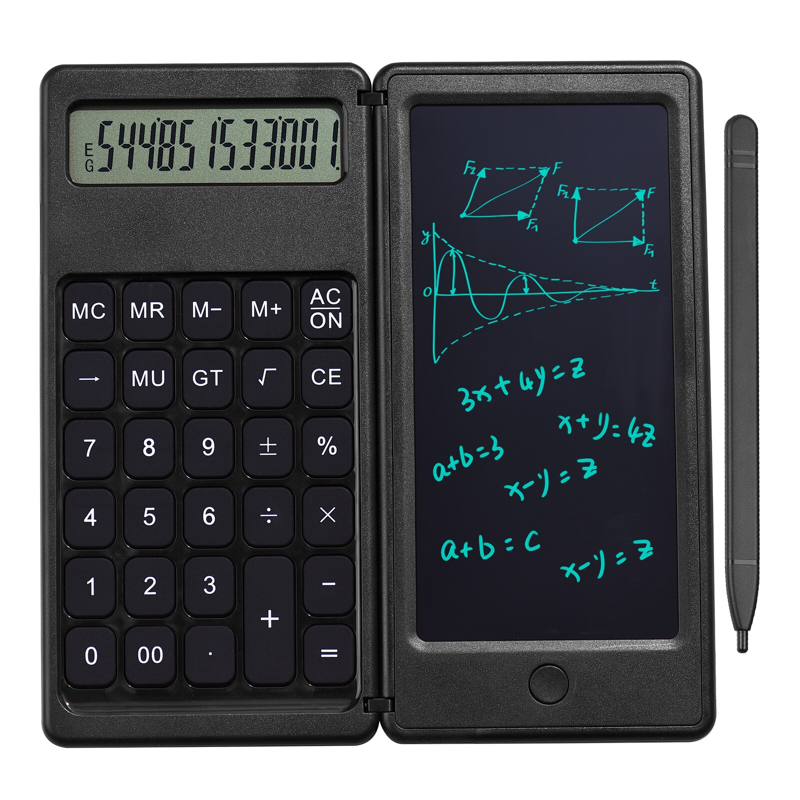 Foldable Calculator &amp; 6 Inch LCD Writing Tablet Digital Drawing Pad 12 Digits Display with Stylus Pen Erase Button Lock Function: Black