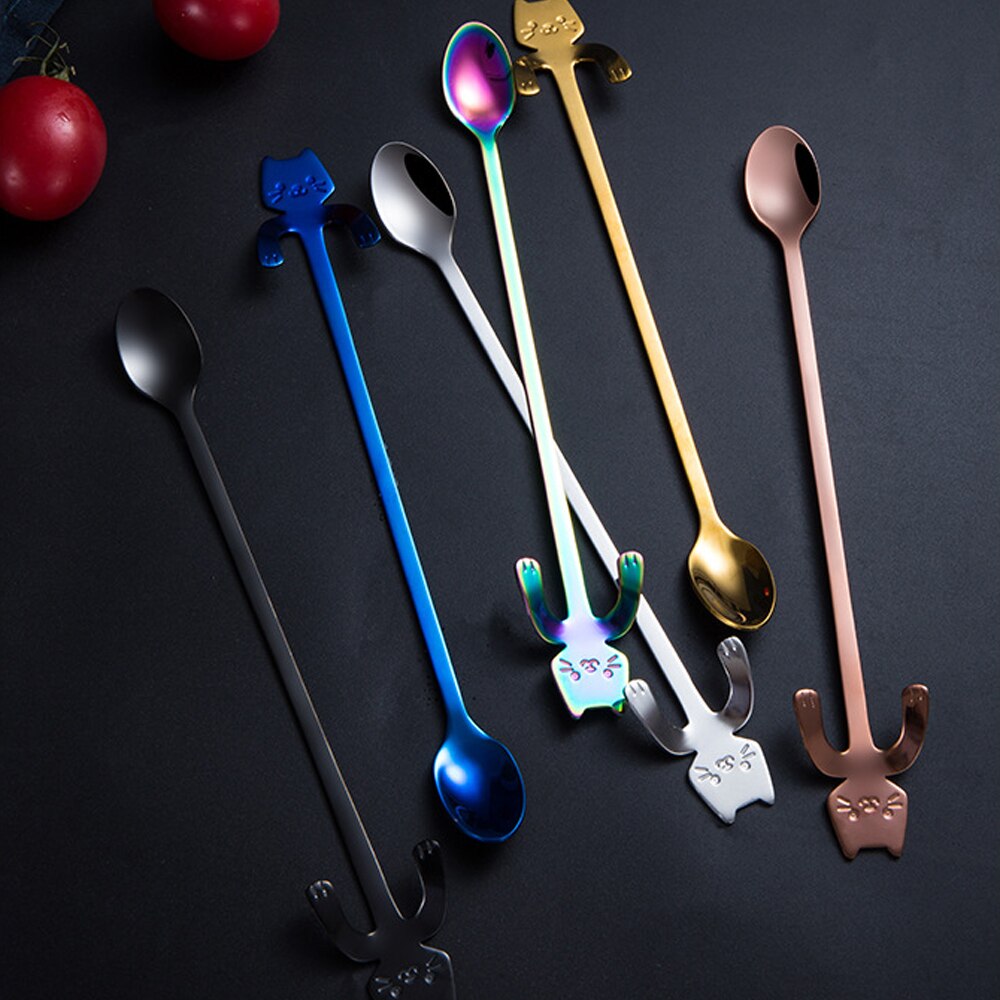 Coffee Spoon Mini 304 Stainless Steel Cartoon Cat Spoon Long Handle Flatware Coffee Drinking Tools Kitchen Gadget