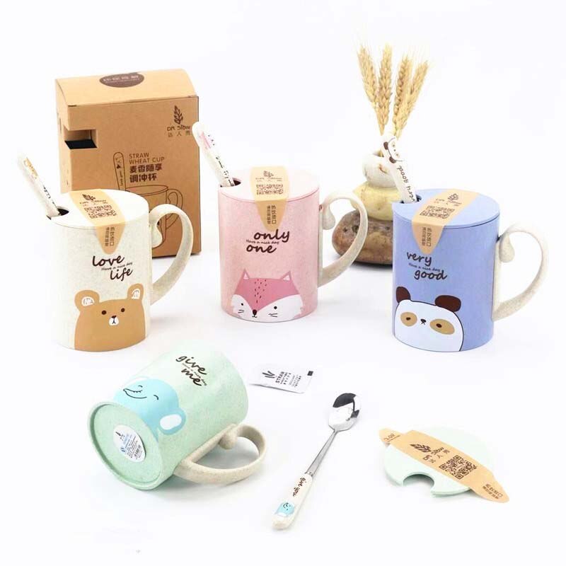 Tazas de bambú para bebé, vasos bonitos de 450ML para alimentación, con asa, cuchara, Material seguro para la Naturaleza, vasos de leche para niños