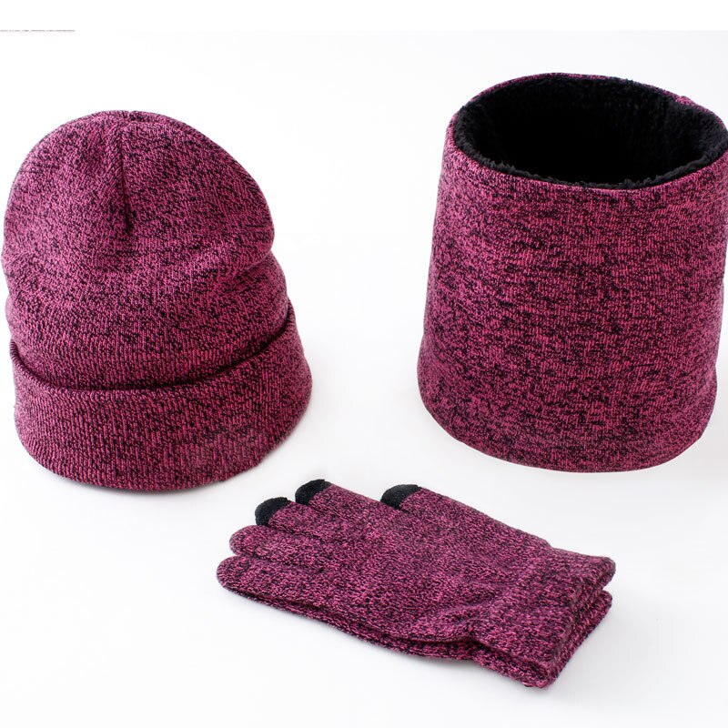 3 st/set mössor halsdukshandskar par vinter vindtäta tjocka halsdukar kit stickad plus sammetsmössa scarfset för män: Röd