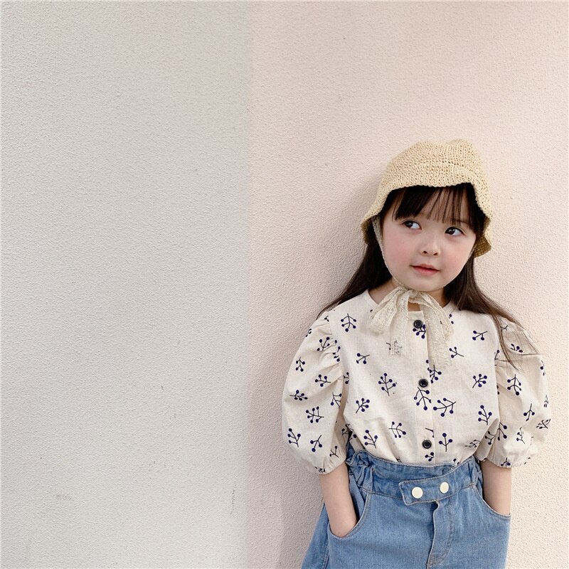 Camisas de manga abombada con estampado floral para niñas, Tops de manga corta de algodón y lino para niños de 1 a 6 años, novedad de verano