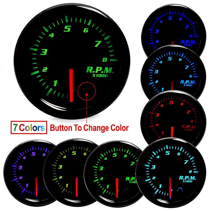 2Inch 52mm Tachometer Gauge 7 Colors Tacometro Meter 0-8000 RPM LED Tacho Gauge Meter for 12V Universal Car Auto