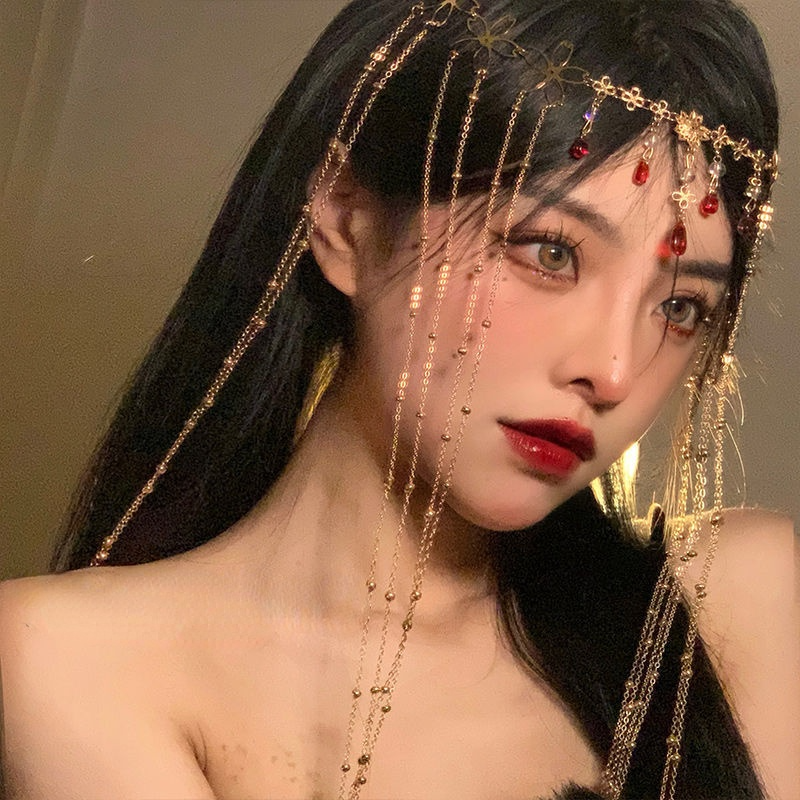 Adornos para el pelo de hadas para mujer, cadena para la frente, cortina facial, tocado de Halloween de hadas de lujo Retro, accesorios para el cabello, diadema de cristal