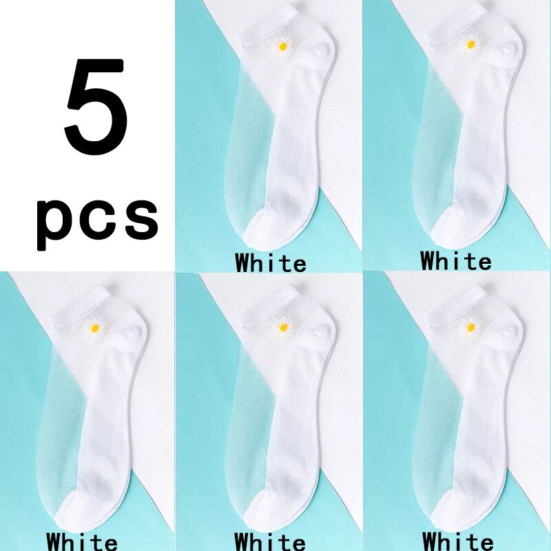 Calcetines de malla ultrafinos para mujer, medias transparentes de seda y fibra de vidrio, tobilleras, margaritas y flores, Sexy, 5 par/lote: Style 7