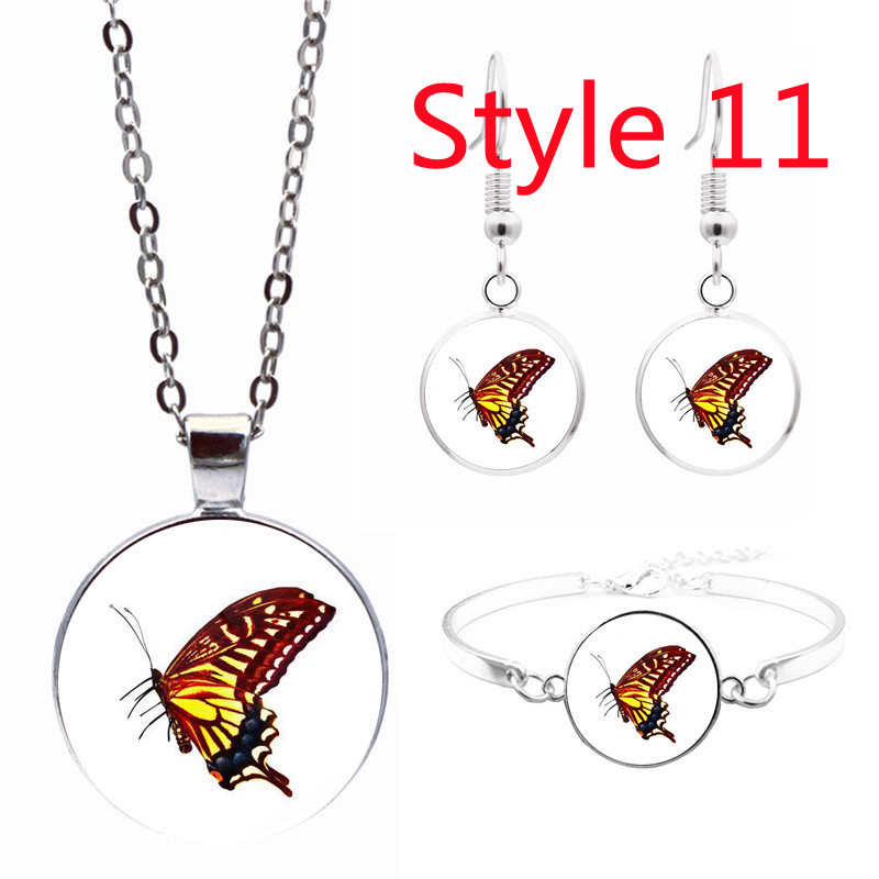 Tegel Sieraden Vlinder Glas Cabochon Ketting Stud Oorbellen Armband Set Totally 4Pcs Boom Celestial Vrouwen Sieraden Set: Style 11