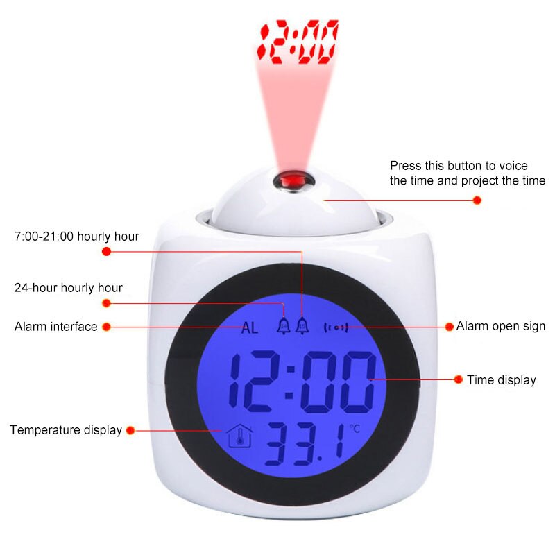 Hem projicerande väckarklocka stor display tid datum temperatur projektor digital färgglad bakgrundsbelysning bord klocka väder lcd