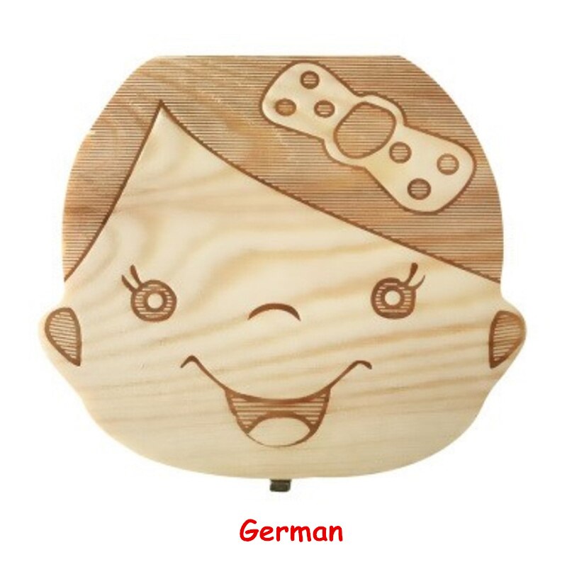 Caja de madera para guardar dientes de leche de bebé, organizador de Lanugo, Umbilical, para recuerdos, inglés, español, francés, ruso, portugués: German girl