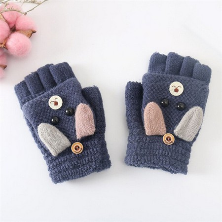 Winter Weihnachten Kinder Warme Handschuhe Grundschule Kaschmir Stricken Wolle Flip Halb Finger Handschuhe Cartoon Fäustlinge Für Jungen Mädchen 6-12Y: Marine-Blau