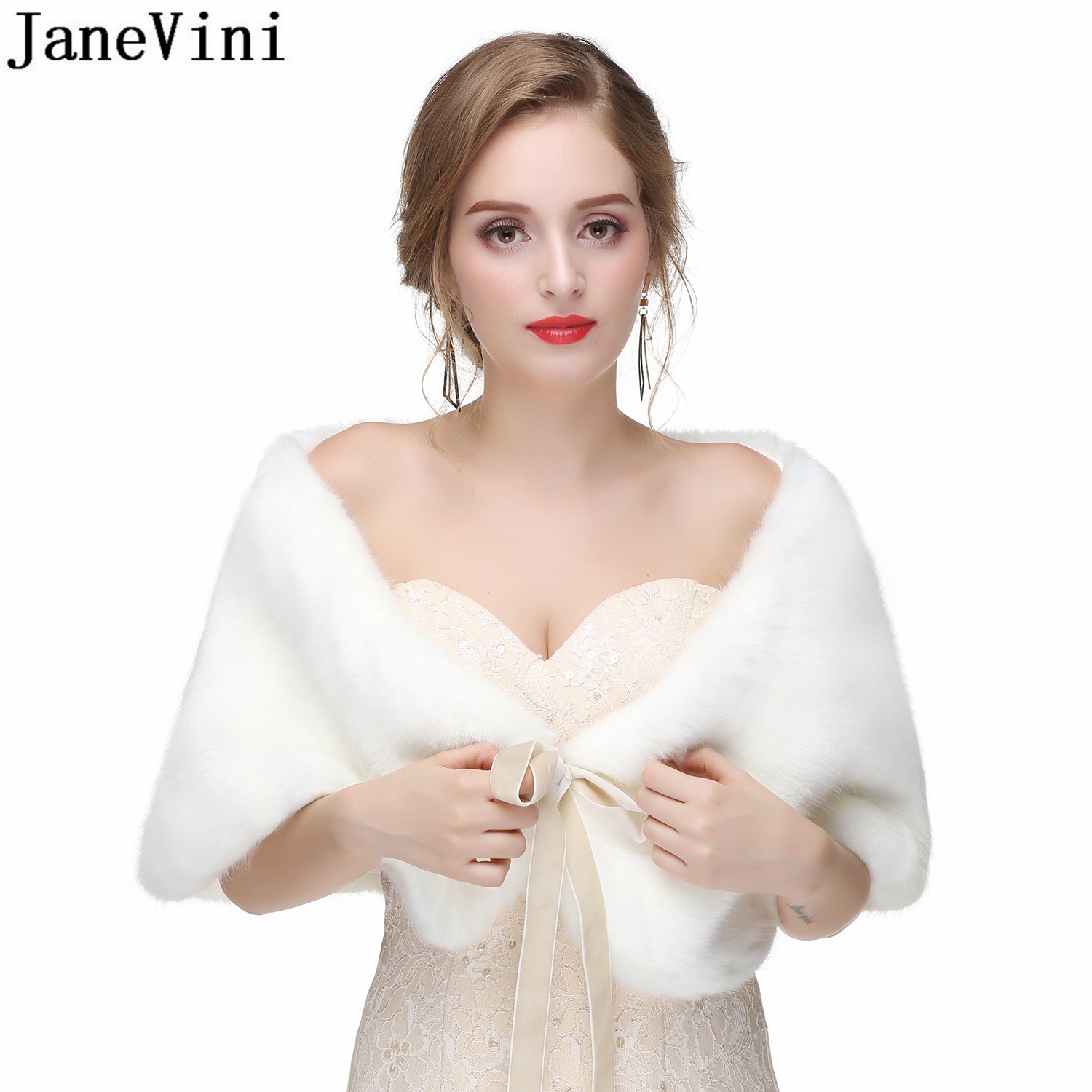 Janevini Elegante Zachte Faux Fur Shawl Vrouwen Bruiloft Capes Bruids Jas Wraps Grijs Lace Up Bont Stola Formele Bolero Fourrure mariage