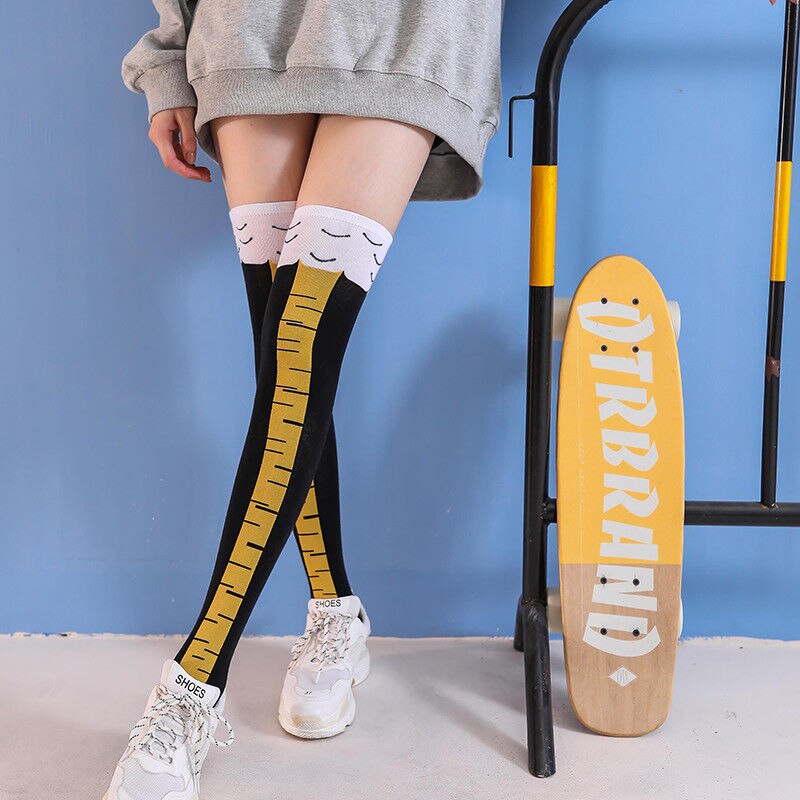 Bas à pattes de poulet pour femmes, chaussettes longues, chauffe-jambes, dessin animé drôle, griffe de jambe de poulet en coton, impression 3D, au-dessus du genou