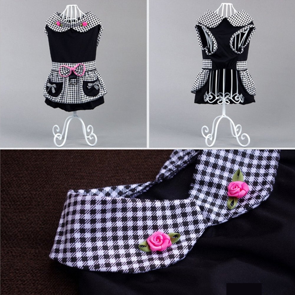 Dog Dresses Black Plaid Dog Clothes Built-in Harness Dress for Dogs Soft Rose Bowknot