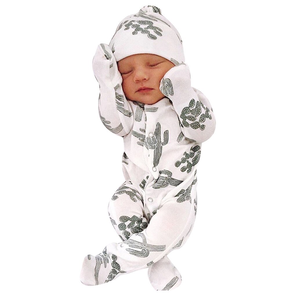 Toddlers Baby Boys Footies Clothes Newborn Infant Baby Boy Girl Floral Romper Jumpsuit Sleepwear Hat Outfits Set Infant Clothing