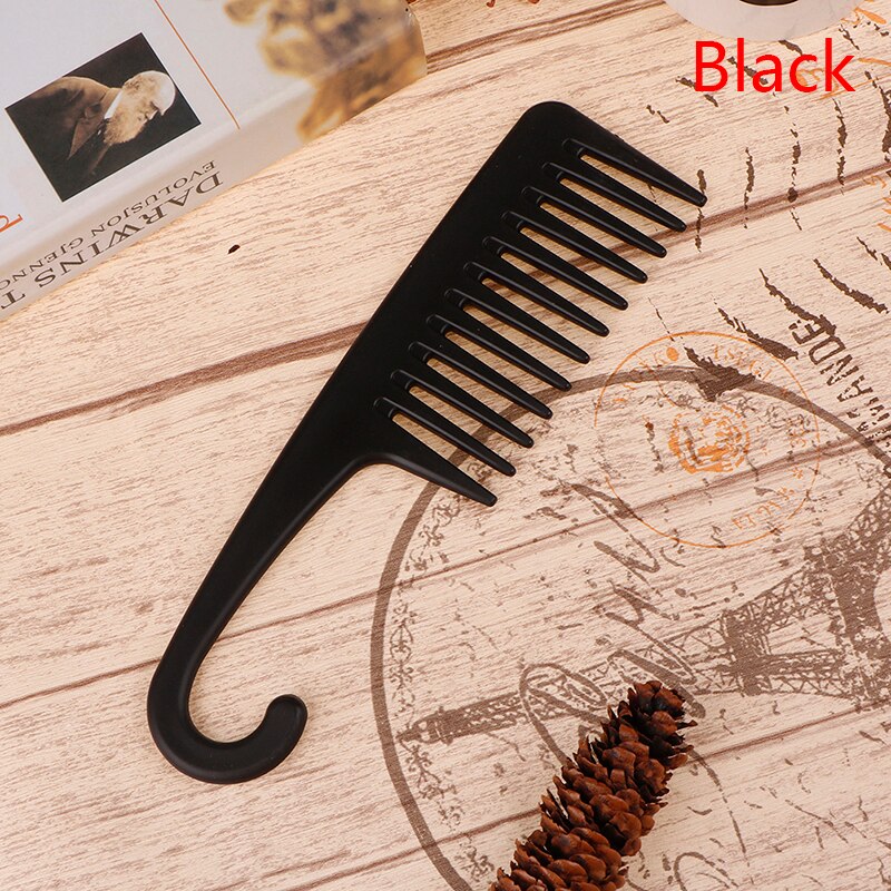 Peines grandes de diente ancho con mango de gancho para desenredar, reducir la pérdida de cabello, peine, peluquería: Negro
