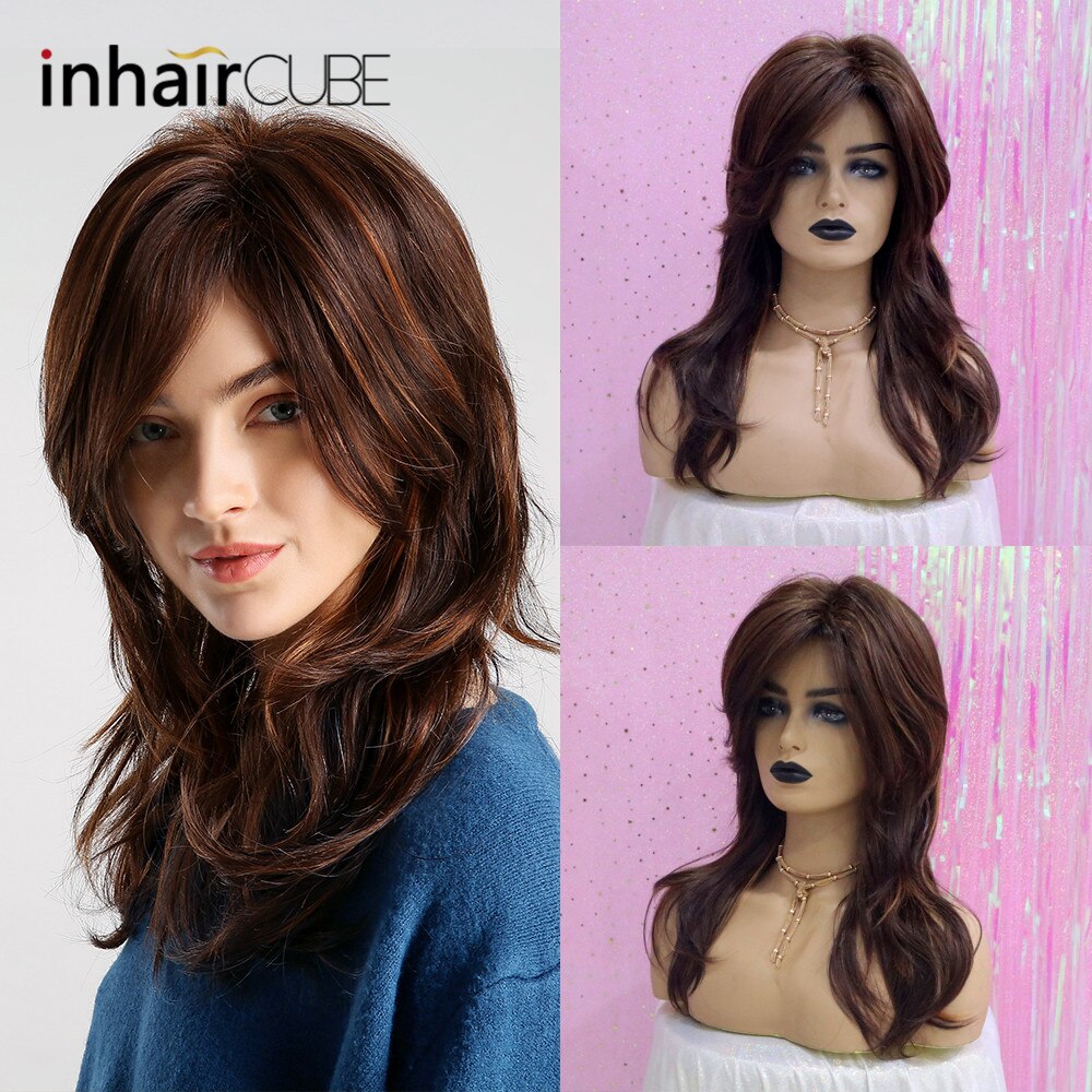 INHAIR CUBE Women Wigs 20 Inches Synthetic Blend Hair Natural Straight Short Wigs Gray Free Wig Cap With Bangs